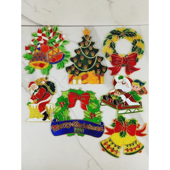 Christmas Sun Catcher Window Plaque 90s Plastic Large Stained Glass Style x7 Vtg - Picture 1 of 16